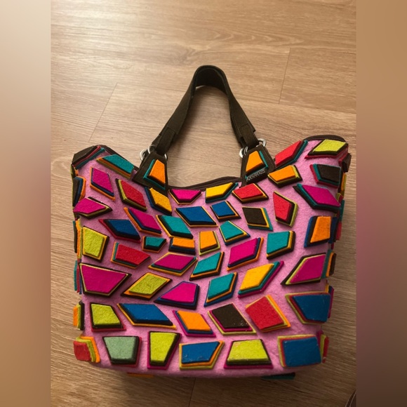 Sheep’s Wool Felt Pink and Orange Patchwork/ geometricTote Bag,Handmade bag - Picture 2 of 8